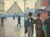  Elegante Flaneure zeigt Gustave Caillebotte 1877 auf seinem Gemälde „Straße in Paris an einem regnerischen Tag“.