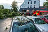 Zertrümmerte Autos gibt es nicht nur vor dem Supermarkt auf der Insel, sondern auch am Karl-Bever-Platz und in Zech, wo der Gewittersturm am Dienstagabend ebenfalls Bäume „gefällt“ hat.