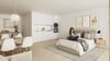 Schlafzimmer, kombiniert mit Küche und Esszimmer
