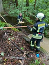 Damit der Fluss nicht über die Ufer tritt, räumt die Feuerwehr Weingarten einen Rechen in der Bauernjörgstraße von Geröll frei.