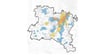 Grafik KWP: Auf der Karte zur kommunalen Wärmeplanung können Bürger sehen, in welchem Bereich ihre Immobilien liegen: Orange steht für Gebiete, in denen ein zentrales Wärmenetz ausgebaut wird, Gelb für Gebiete, die potenziell für ein Wärmenetz geeignet sind, Blau für Gebiete mit Einzelheizlösungen.